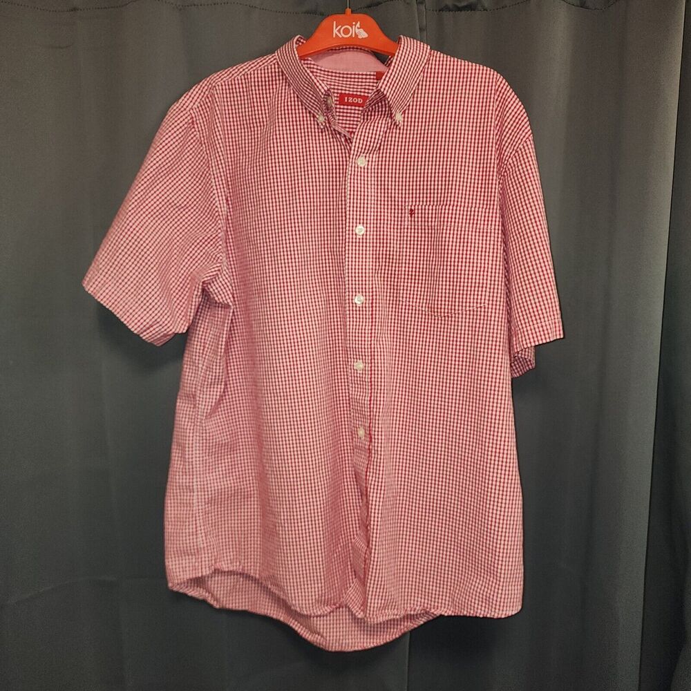 IZOD Men's Breeze Cotton Gingham Short Sleeve Button Down Red White Shirt LARGE